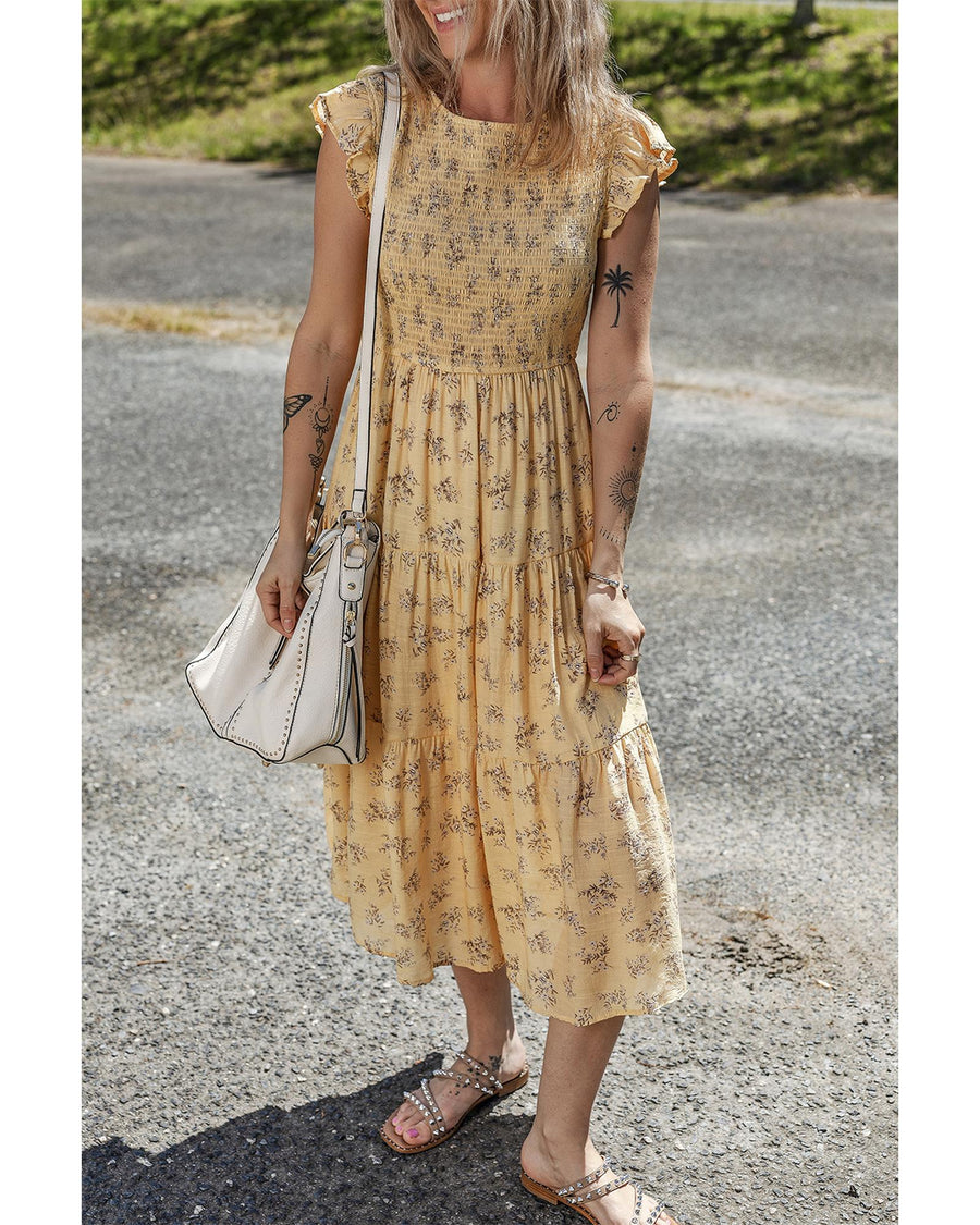 Yellow Boho Floral Print Ruffle Smocked Flowy Summer Dress - M