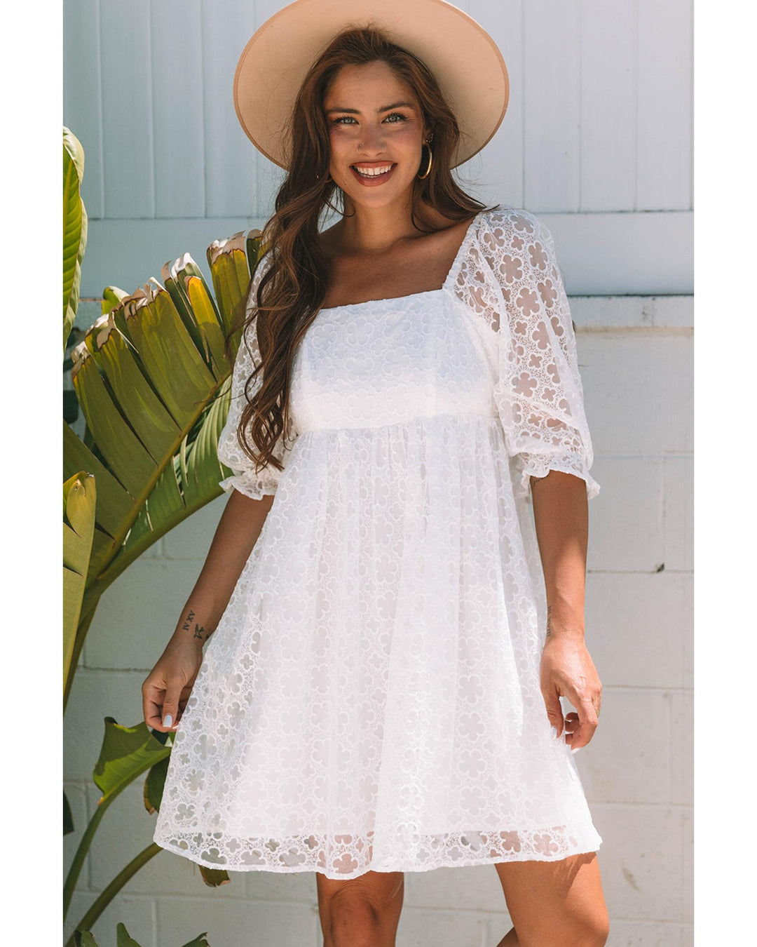 White Floral Lace Puff Sleeve Empire Waist Mini Dress - XL