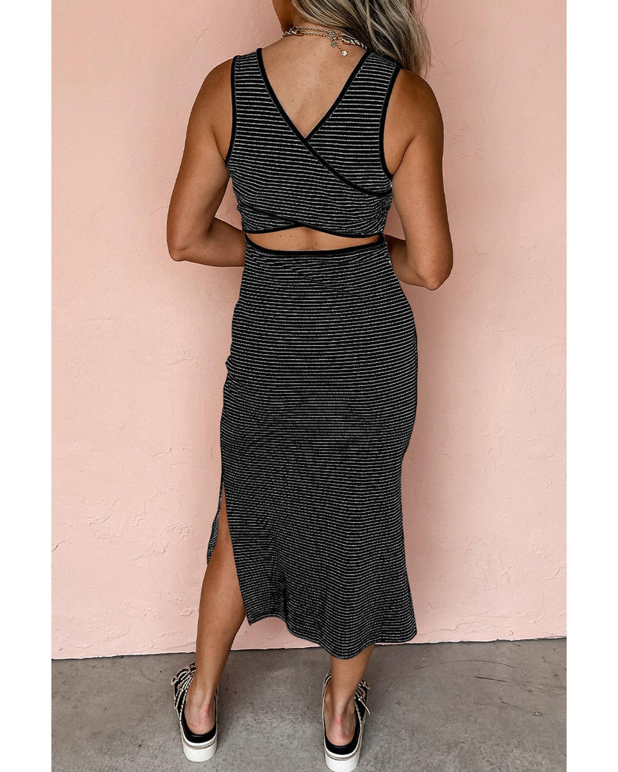 Black Stripe Criss Cross Side Slits Slim Fit Sleeveless Midi Dress - L