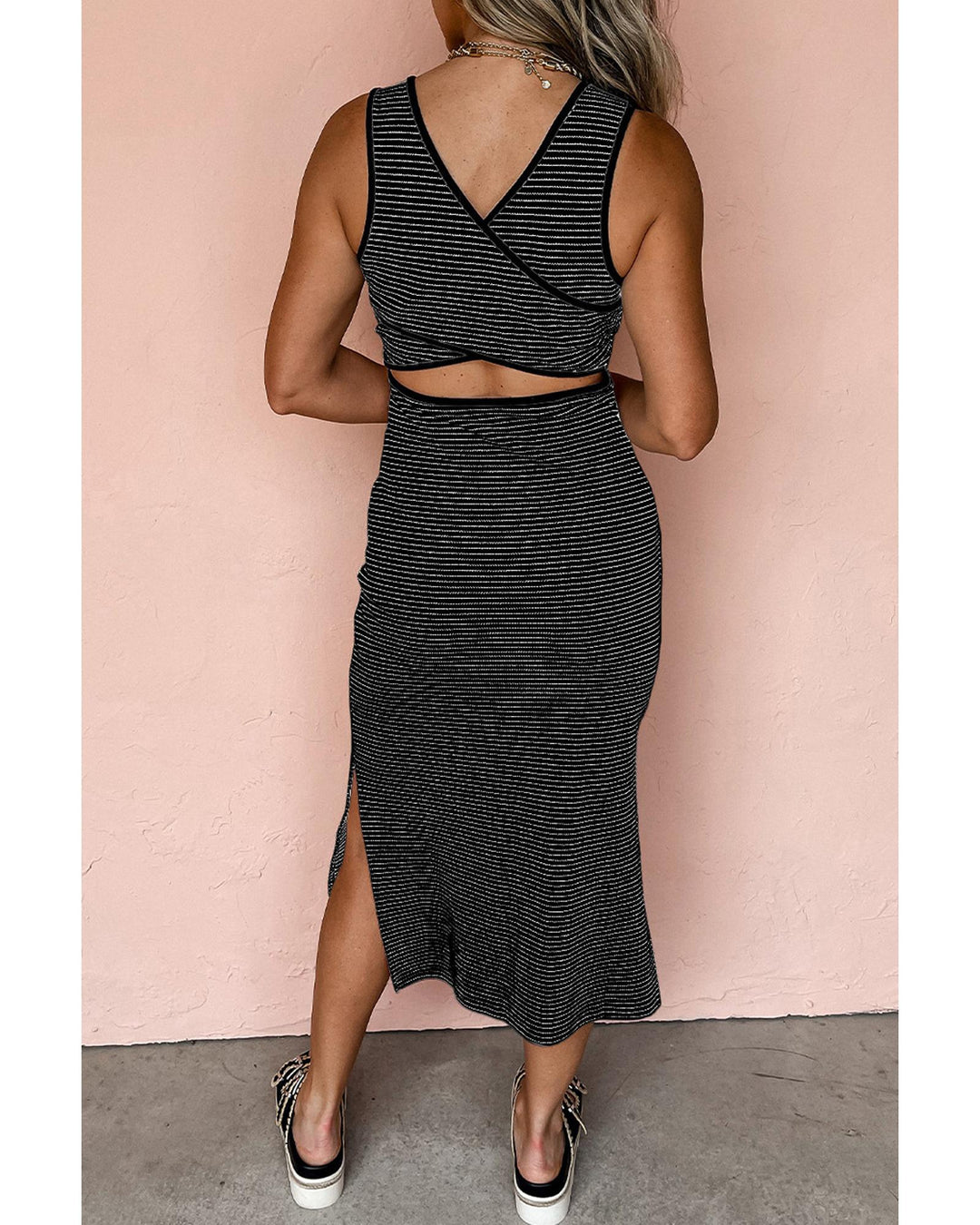Black Stripe Criss Cross Side Slits Slim Fit Sleeveless Midi Dress - XL