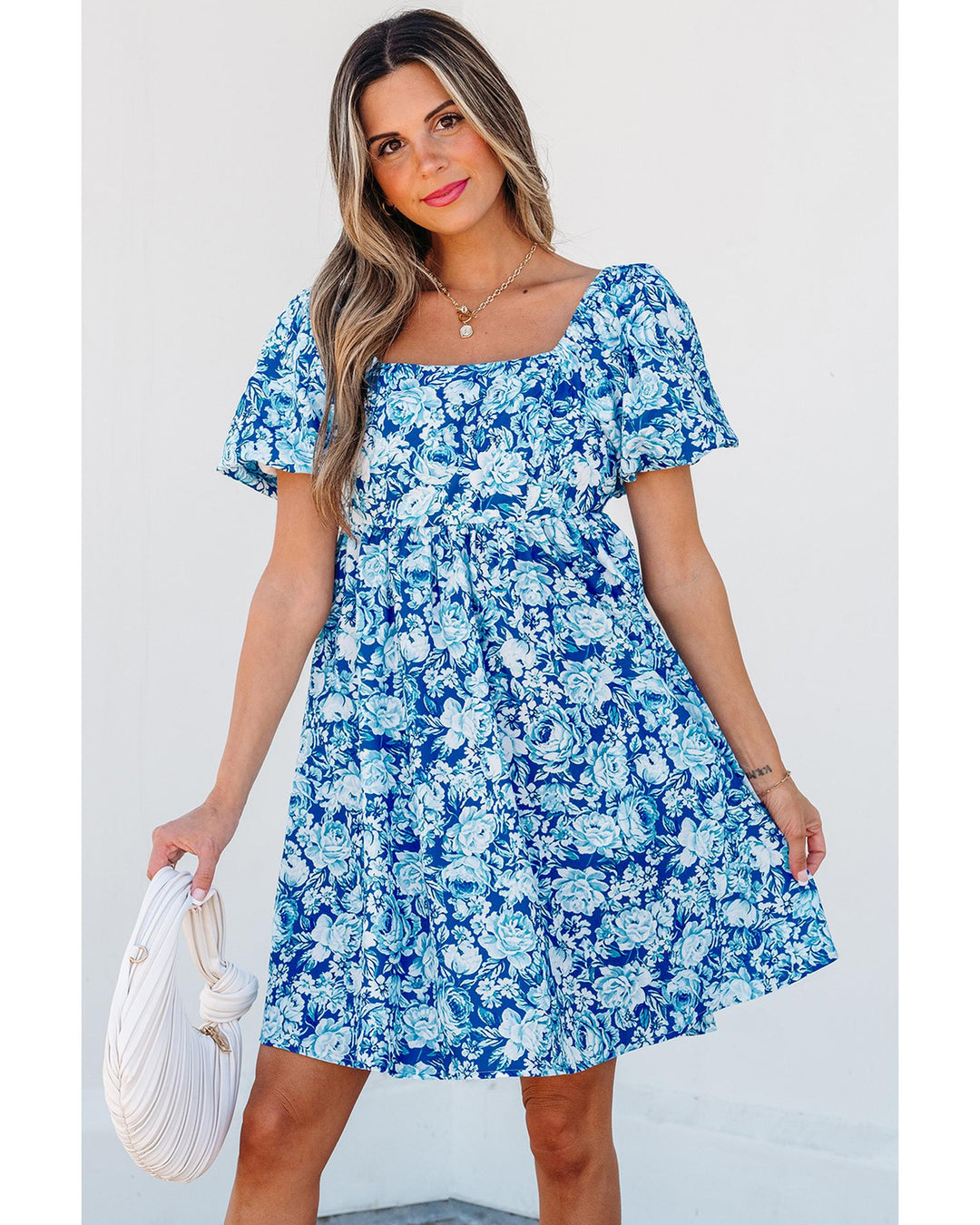 Blue Floral Puff Sleeve Babydoll Mini Dress - M
