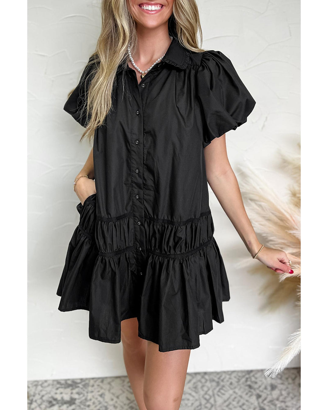 Black Shirt Style Button Down Puff Sleeve Ruffle Hem Dress - M