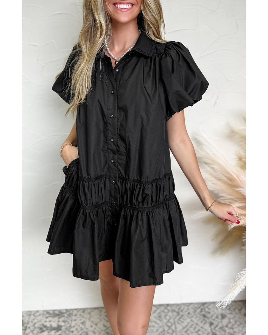 Black Shirt Style Button Down Puff Sleeve Ruffle Hem Dress - S