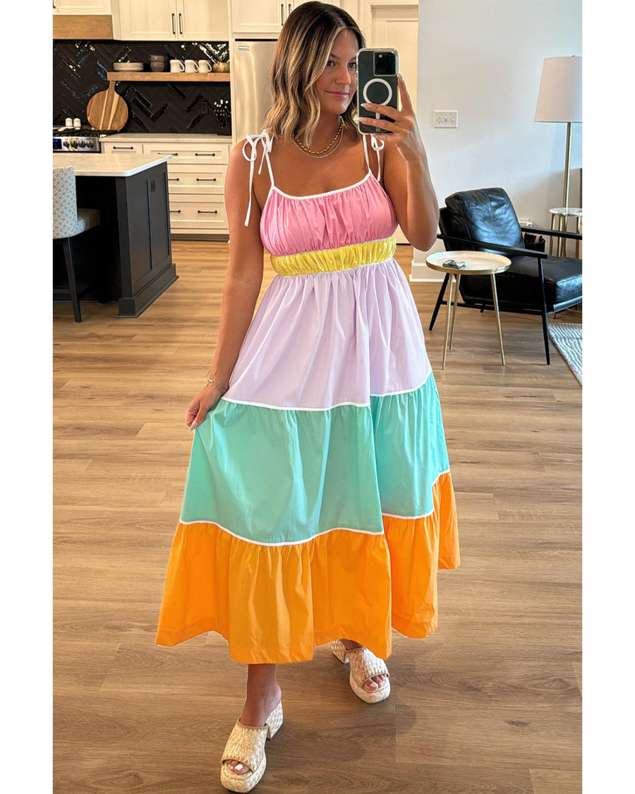 Multicolour Colorblock Self-tie Straps High Waist Flowy Maxi Dress with Pockets - M