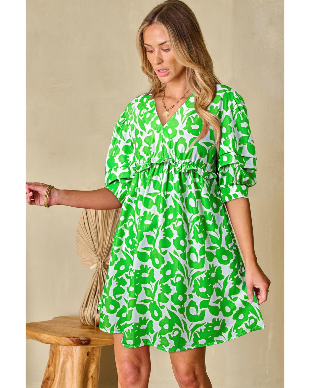 Green Floral Print Puff Half Sleeve V Neck Babydoll Dress - L