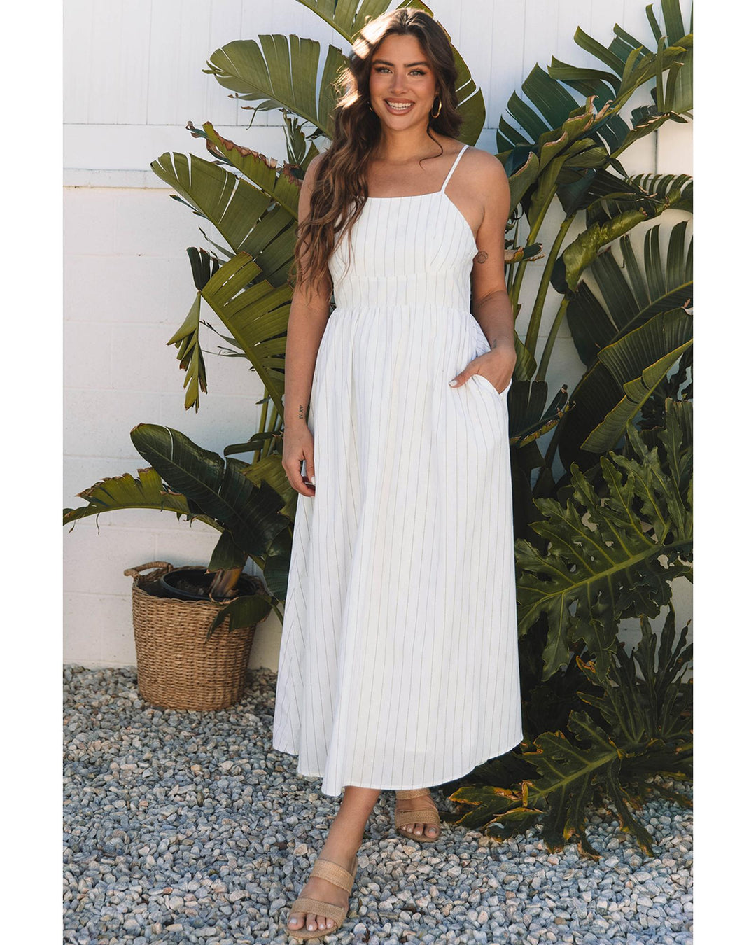 Beige Stripe Spaghetti Strap Pocketed High Waist Maxi Dress - XL