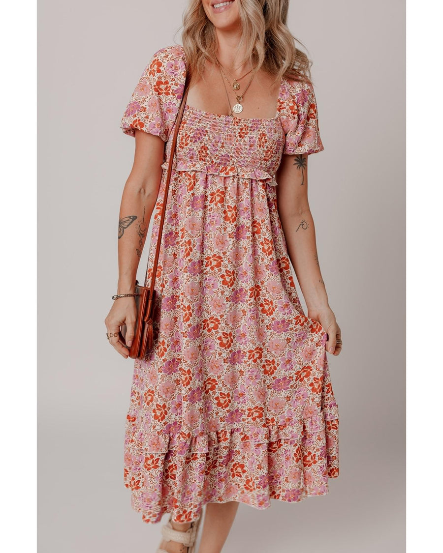 Pink Floral Square Neck Knotted Ruffle Midi Dress - S