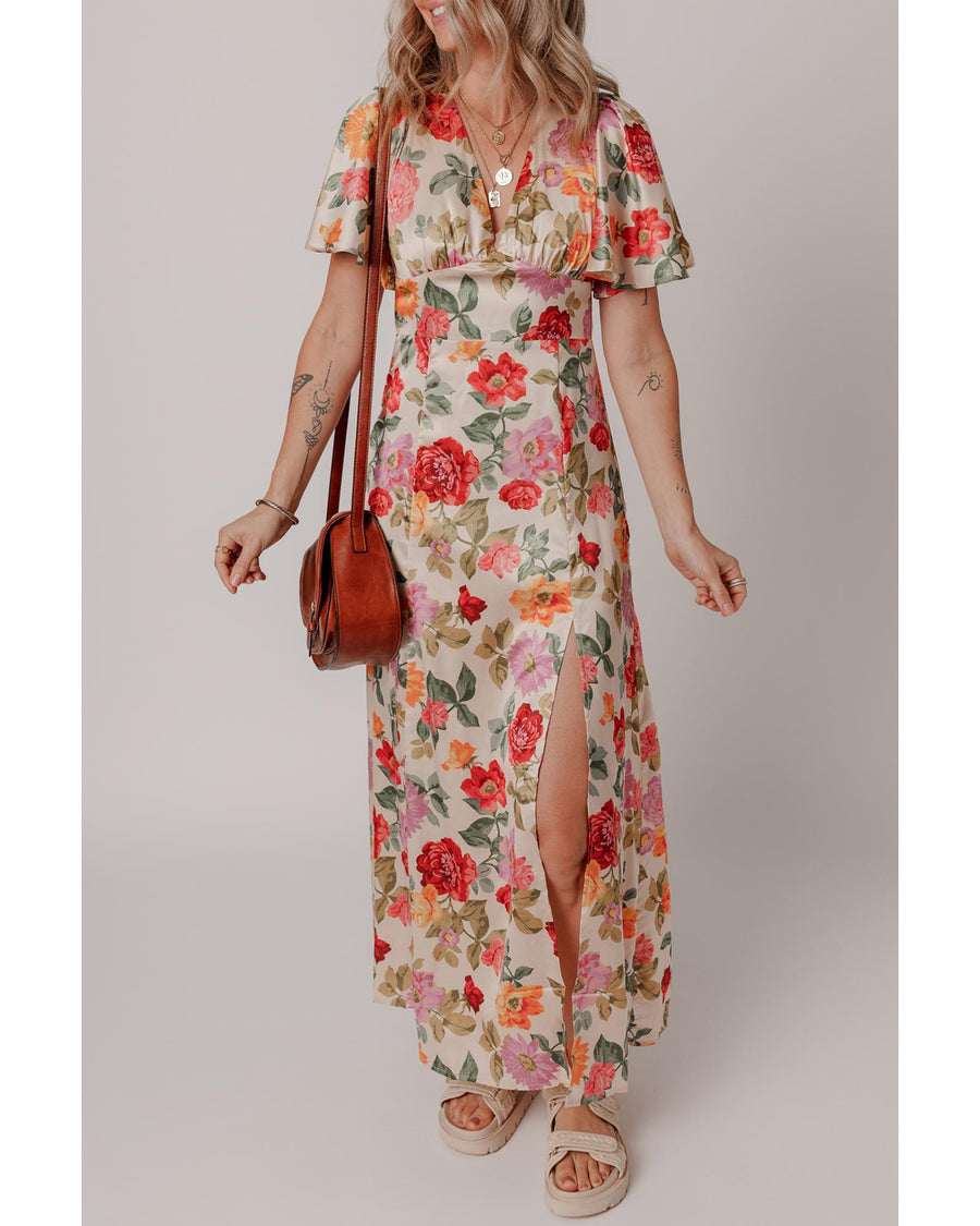 Multicolour Vintage Floral V Neck Short Sleeve Tie Back Long Slit Dress - S