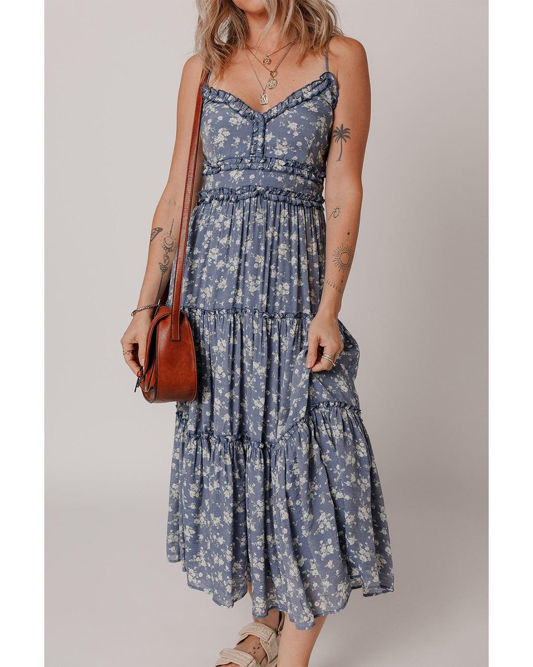 Blue Floral Spaghetti Strap Frilled V Neck Tiered Midi Dress - XL