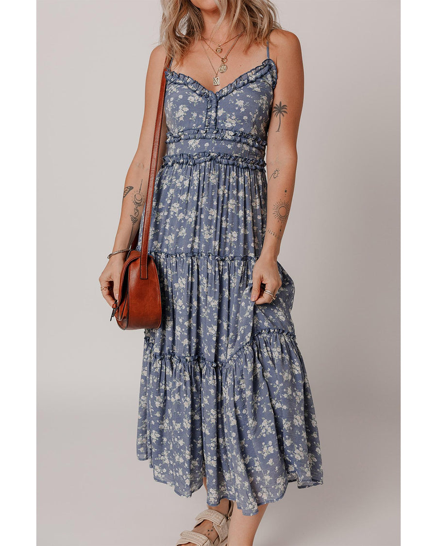 Blue Floral Spaghetti Strap Frilled V Neck Tiered Midi Dress - XL