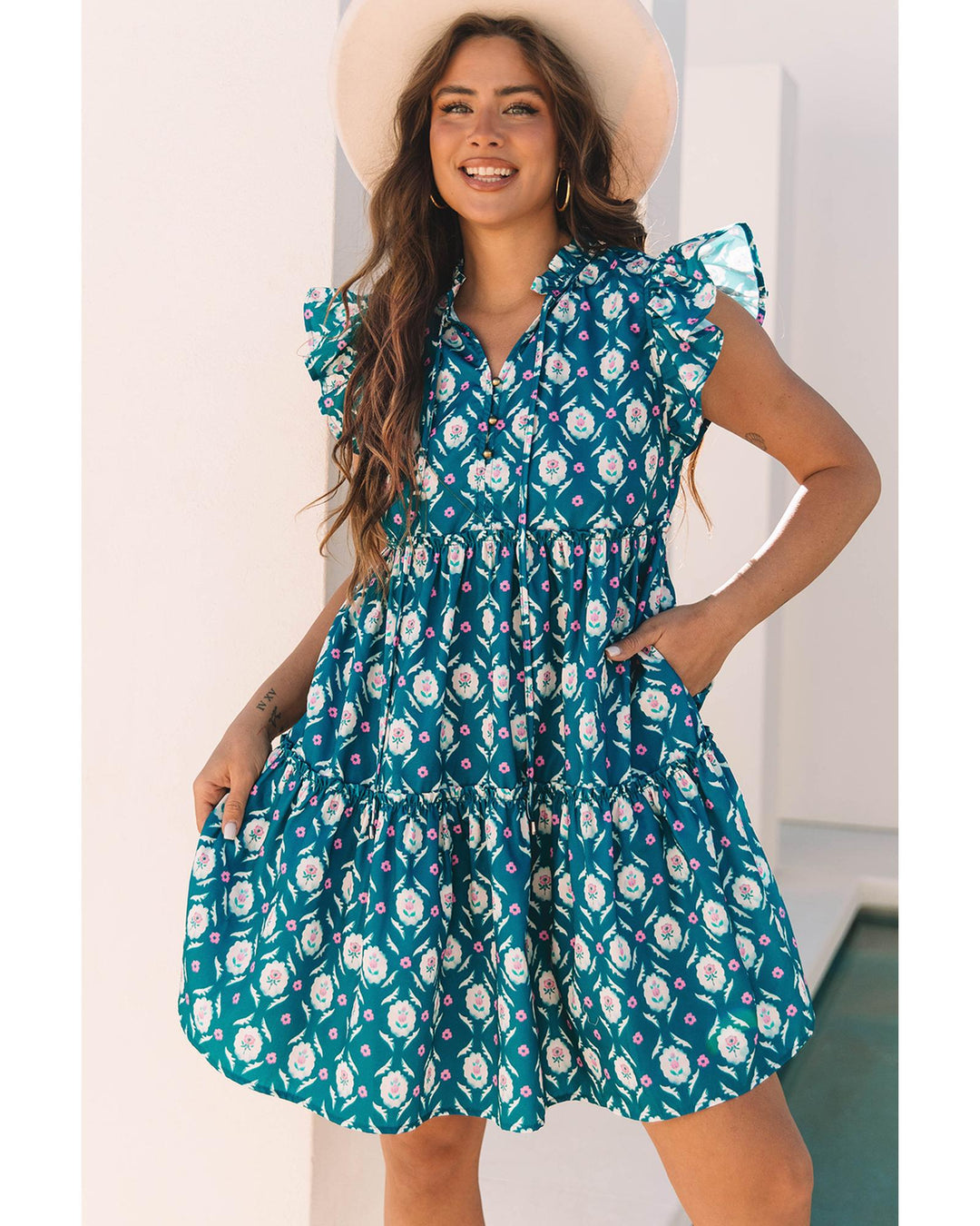 Blue Retro Floral Print Split Neck Ruffle Short Sleeve Dress - M
