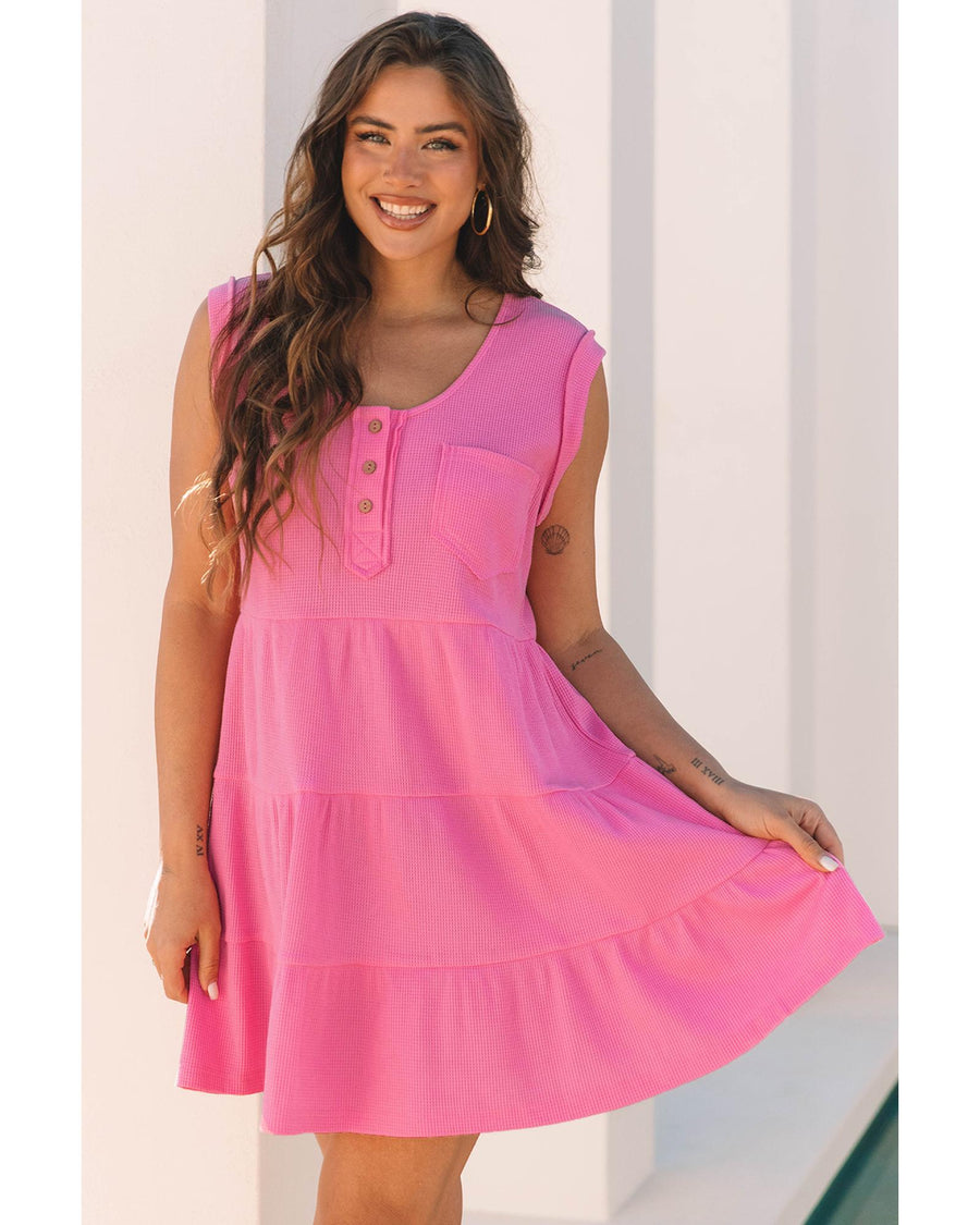 Bright Pink Waffle Textured Button Round Neck A-line Tiered Sleeveless Dress - XL