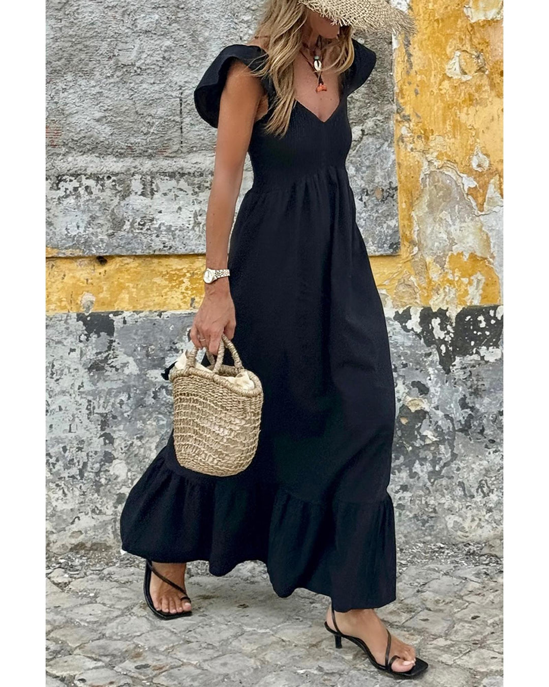 Black V Neck Flutter Sleeve Smocked Bodice High Waist Ruffle Maxi Dress - M