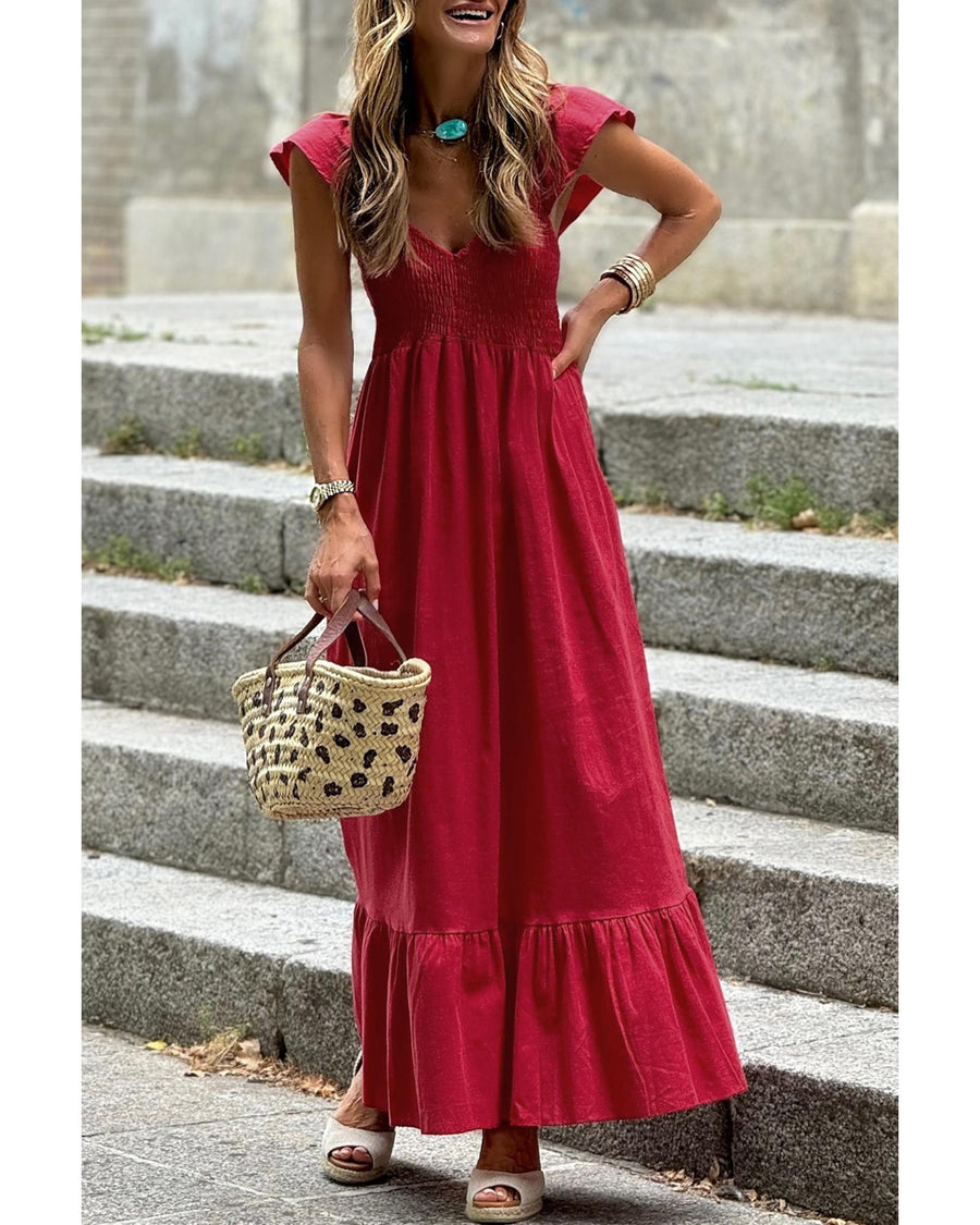 Fiery Red V Neck Flutter Sleeve Smocked Bodice High Waist Ruffle Maxi Dress - XL
