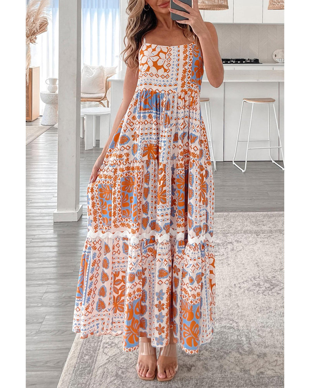 Orange Multi Printed Ricrac Trim Spaghetti Straps Maxi Dress - M