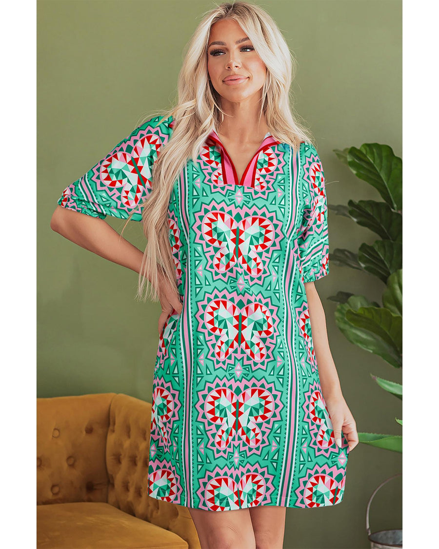 Mint Green Geometric Butterfly Print Split Neck Short Sleeve Dress - XL