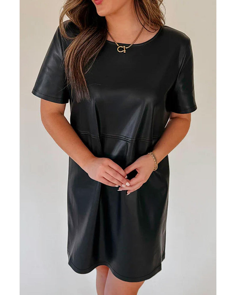 Black Faux Leather Loose T-shirt Dress - L