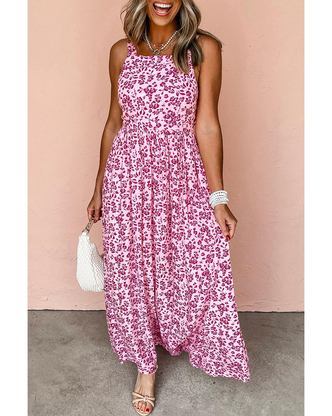 Pink Floral Cutout Back Empire Waist Sleeveless Maxi Dress - L