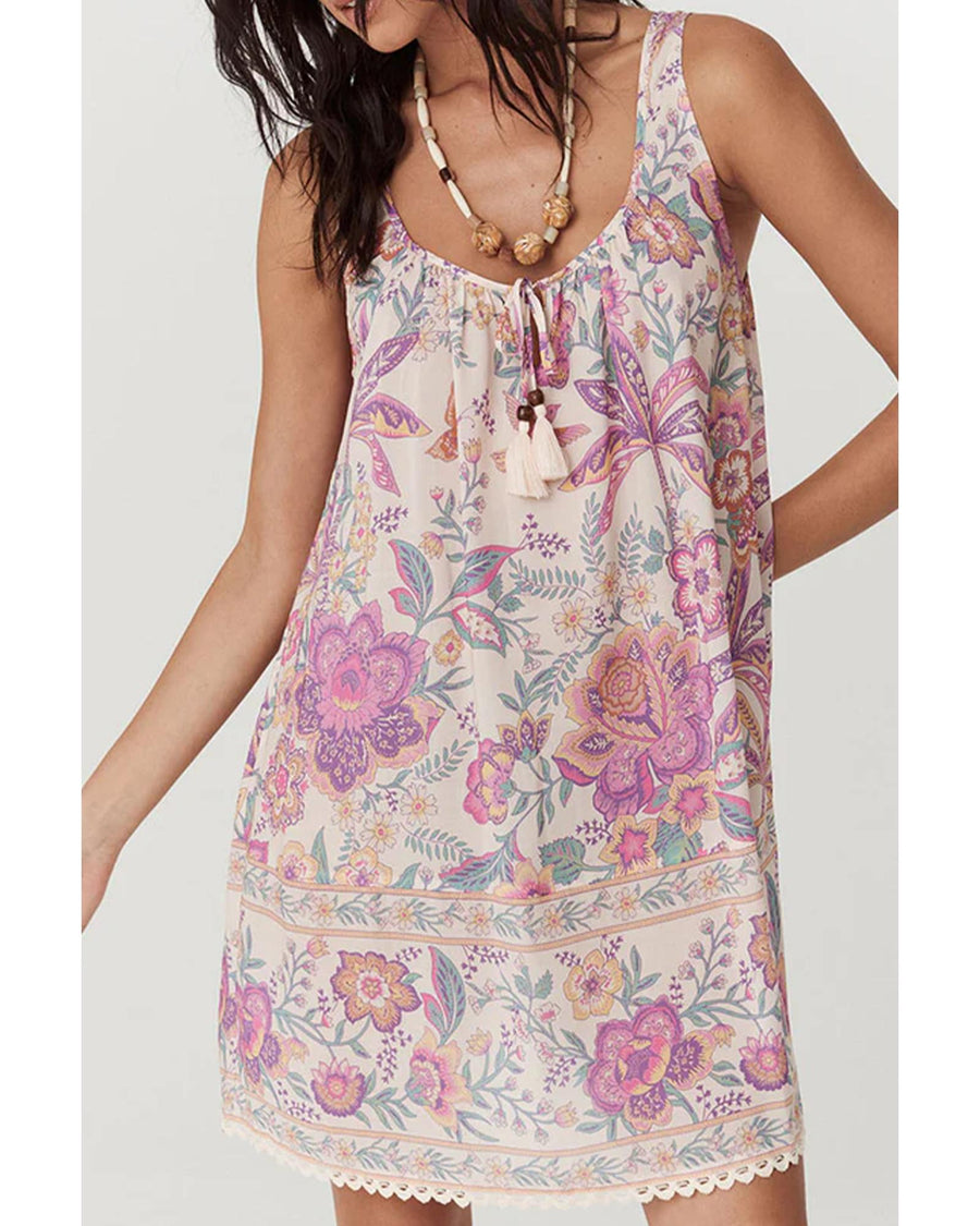 Multicolour Floral Print Fringed Tie U Neck Sleeveless Mini Dress - XL