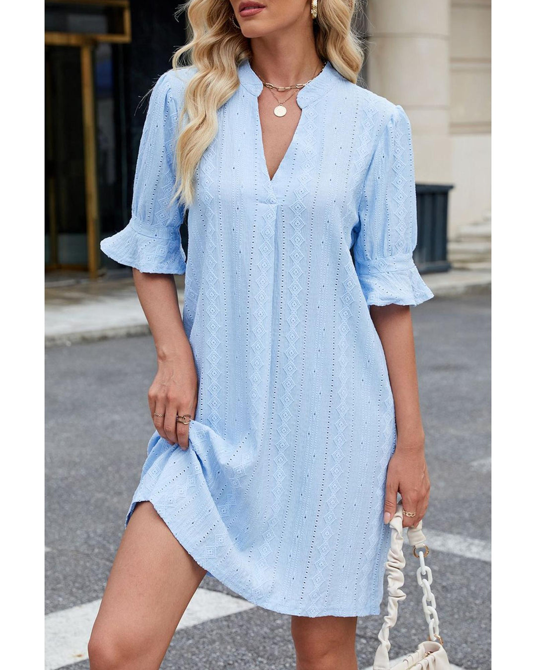 Beau Blue Jacquard Texture Flared Short Sleeve Notched Neck Mini Dress - M