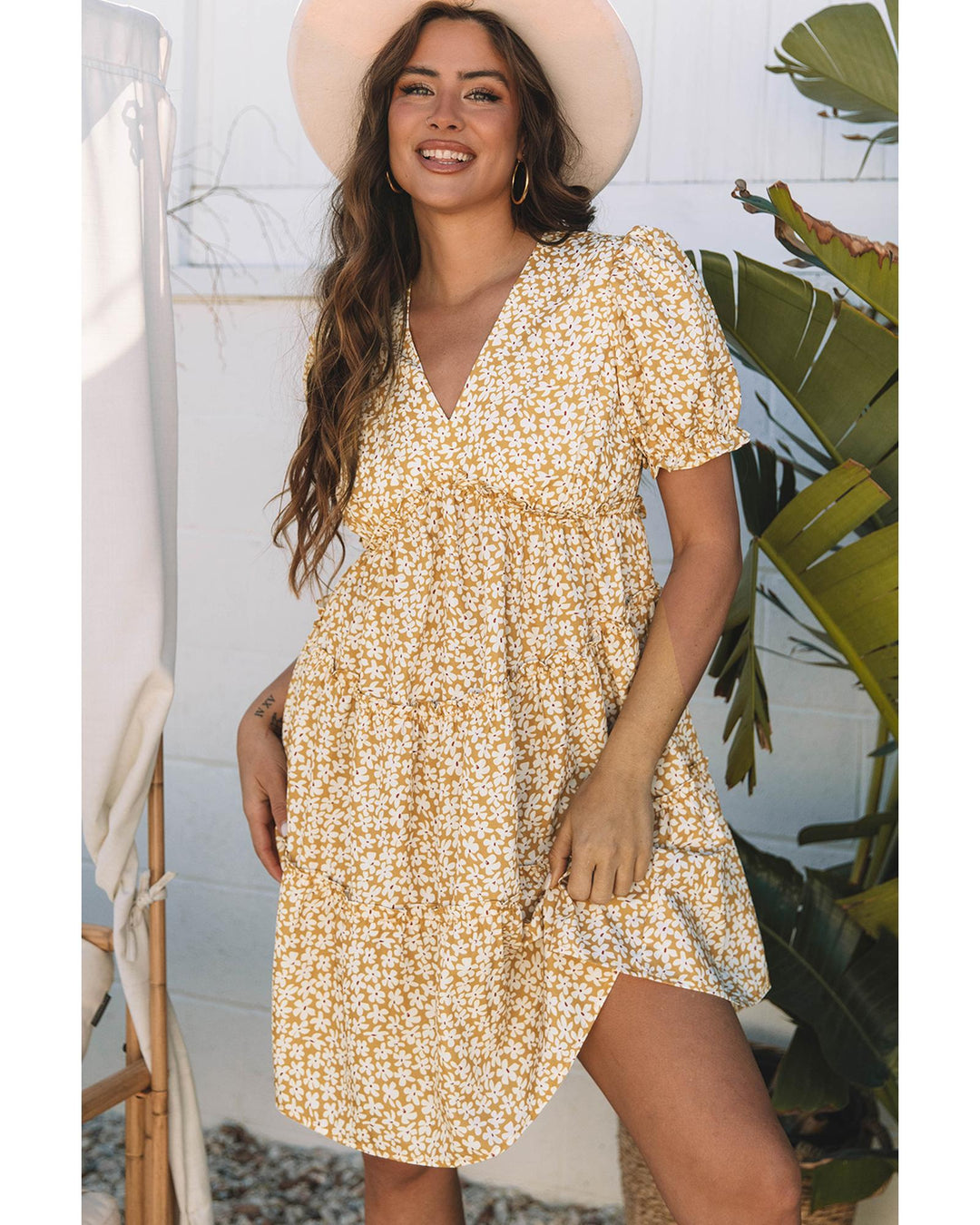 Yellow Floral Short Sleeve V Neck Frilly Tiered Mini Dress - M