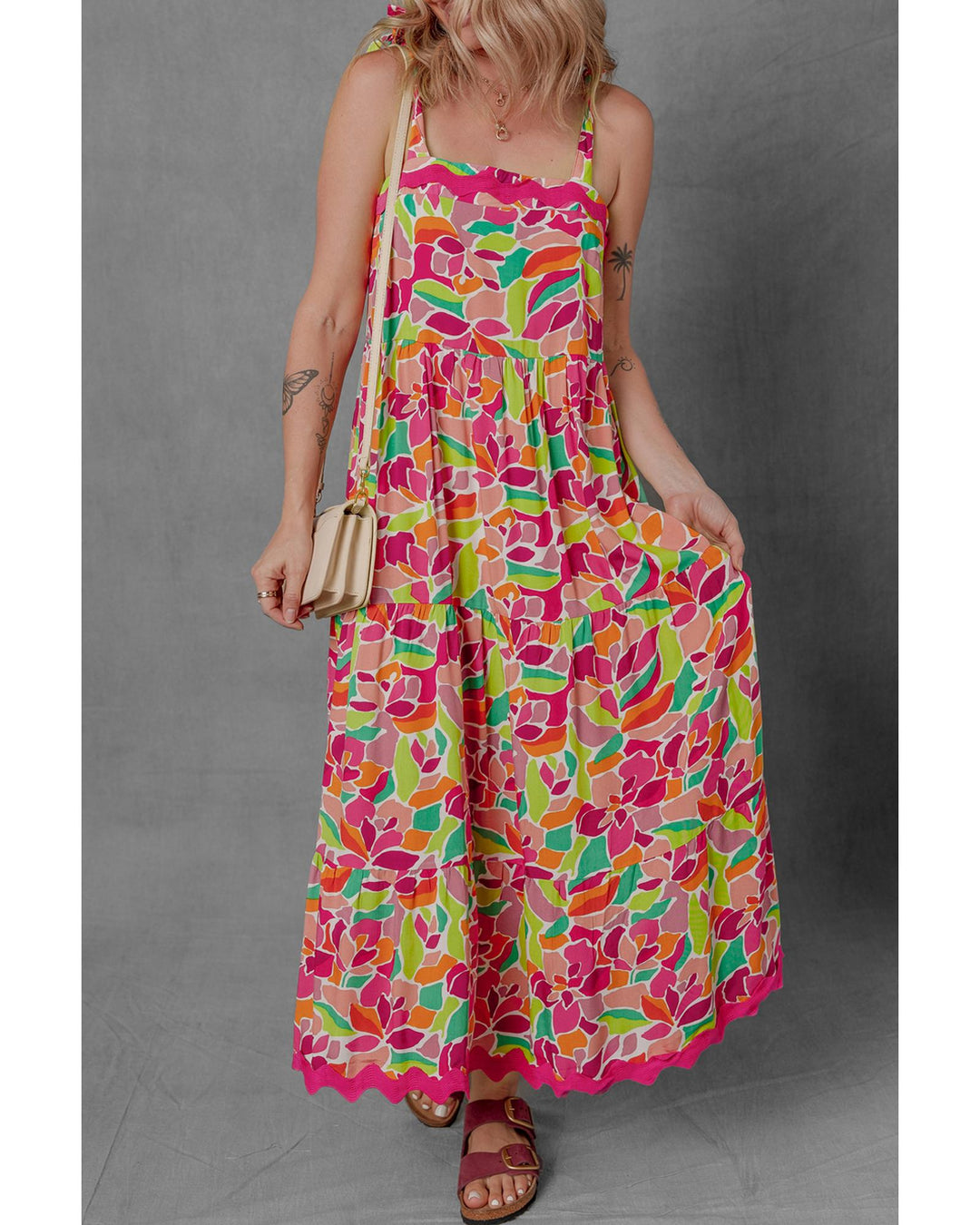 Multicolour Floral Tied Straps Ricrac Trim Maxi Dress - L