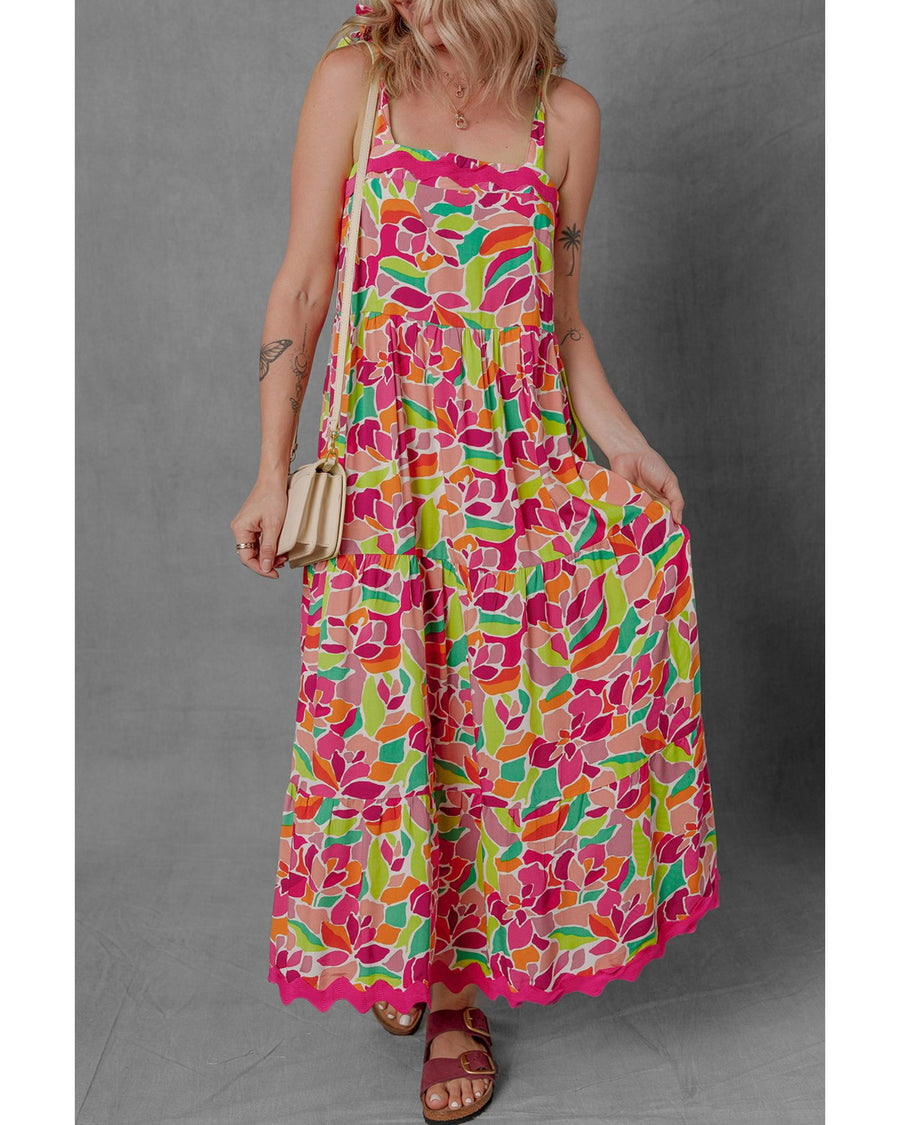Multicolour Floral Tied Straps Ricrac Trim Maxi Dress - L