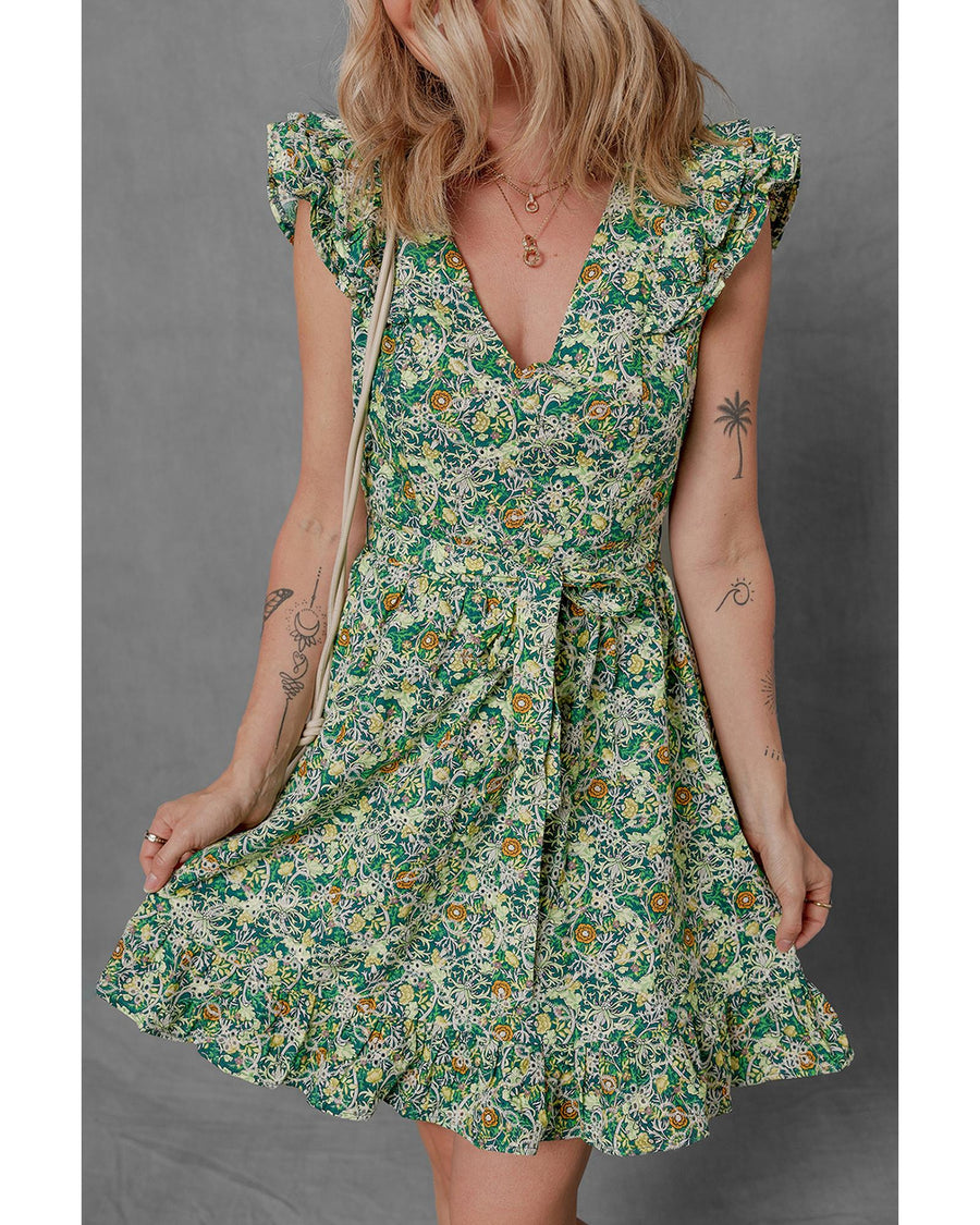 Green Flower Print Flutter Sleeve V Neck Sashed Ruffled Mini Dress - M