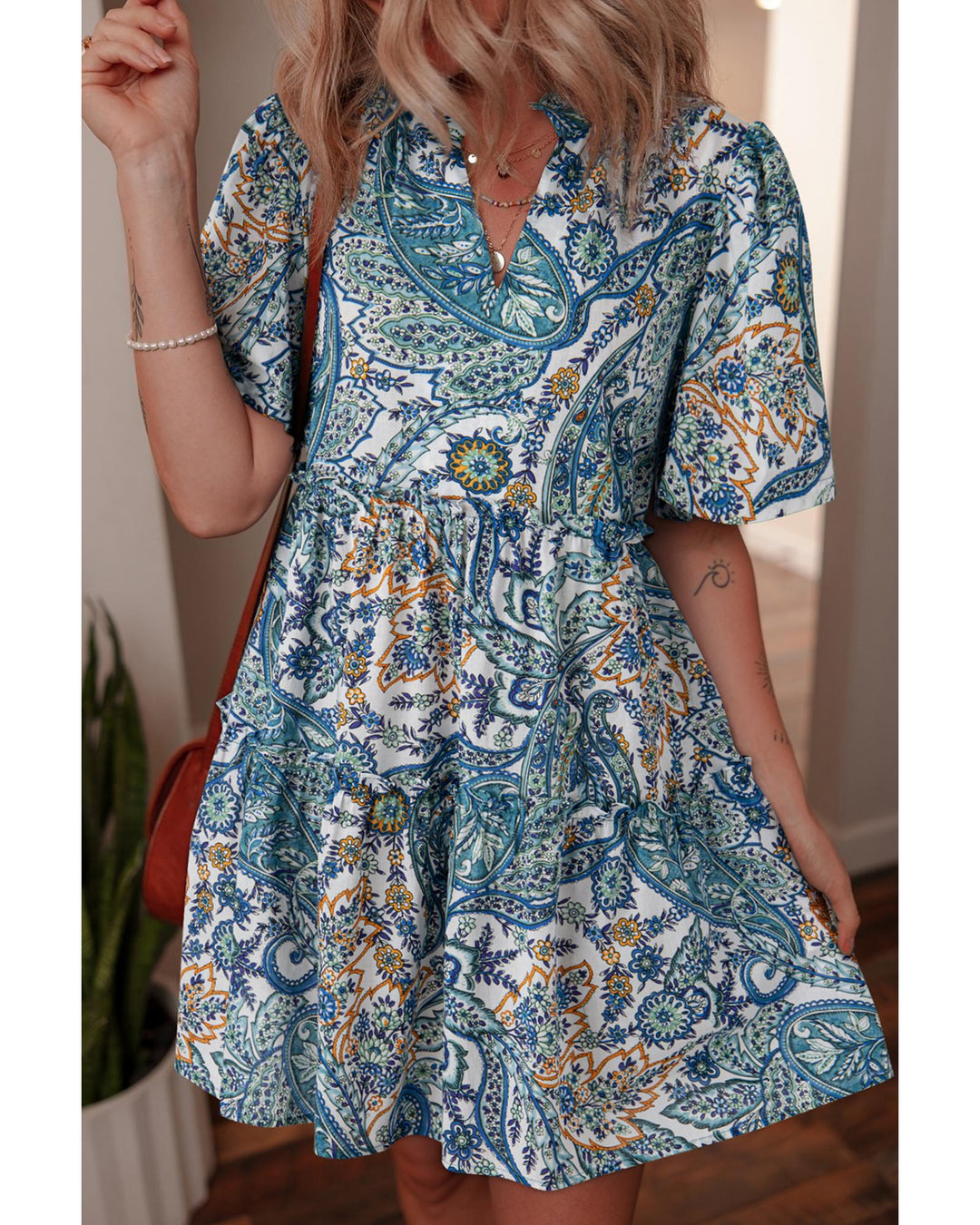 Blue Bohemian Paisley Floral V Neck Short Sleeve Mini Dress - L