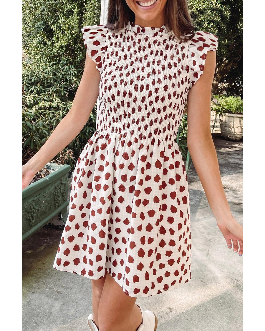 Brown Abstract Printed Flutter Sleeve Smocked Bodice Short Dress - XL
