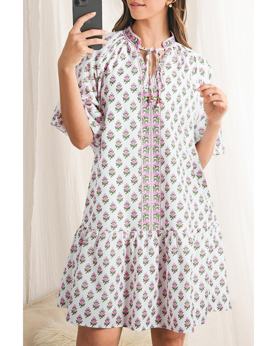 Pink Floral Print Bubble Sleeve Neck Tie Ruffled Dress - L