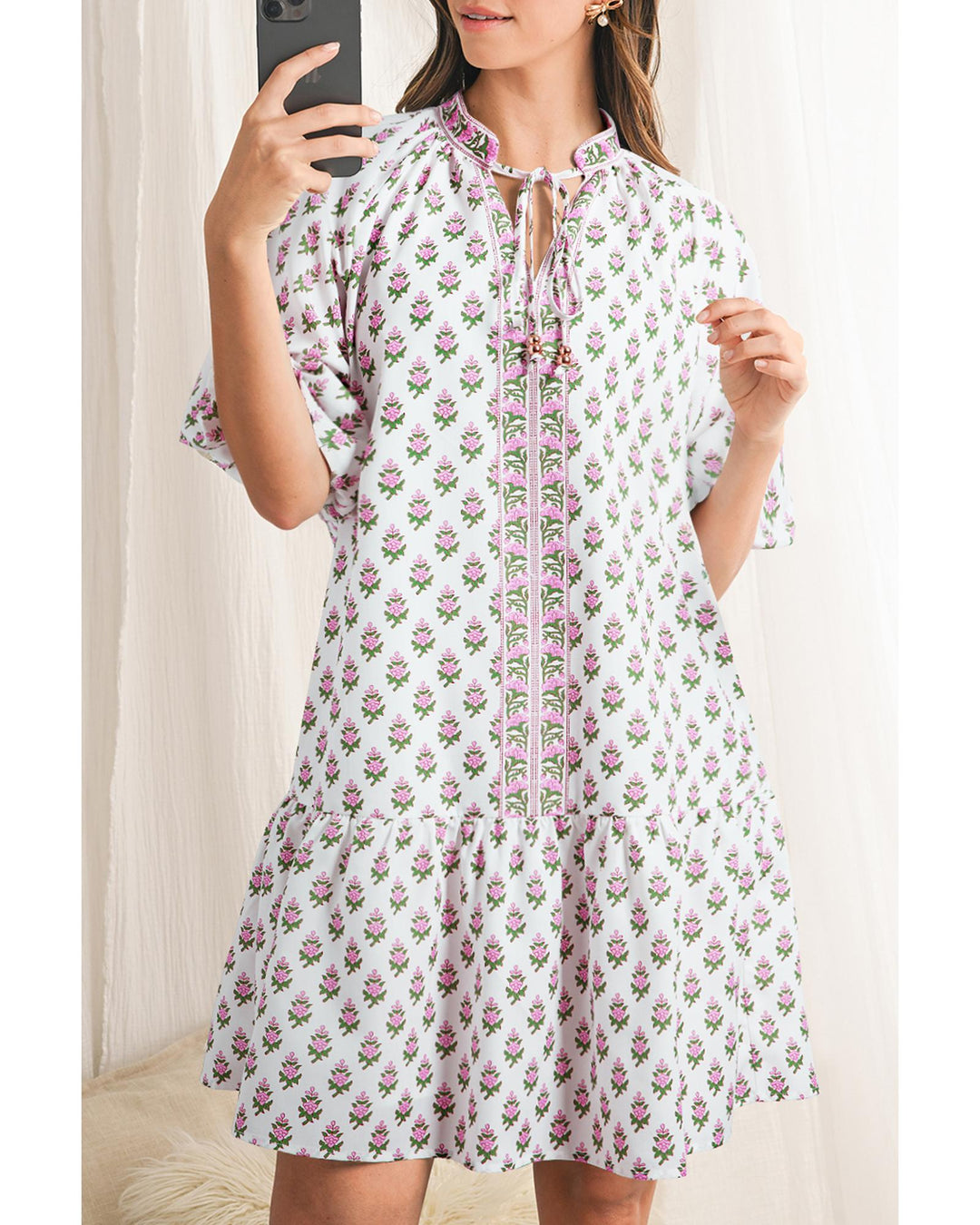 Pink Floral Print Bubble Sleeve Neck Tie Ruffled Dress - XL