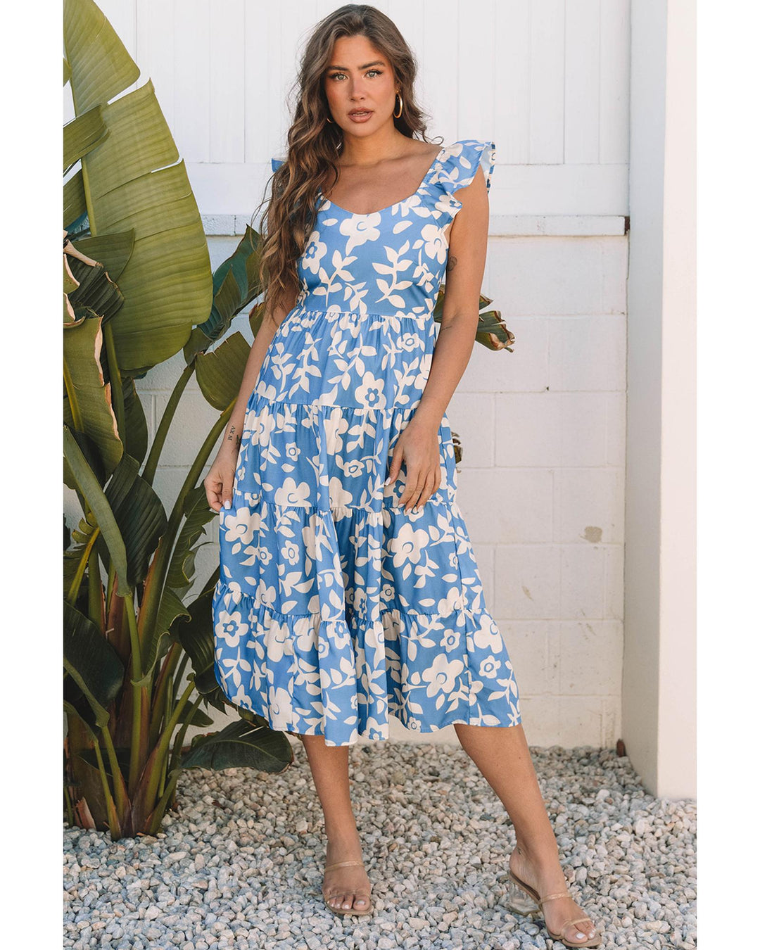 Sky Blue Floral U Neck Flutter Shoulder Tiered Flowy Midi Dress - M