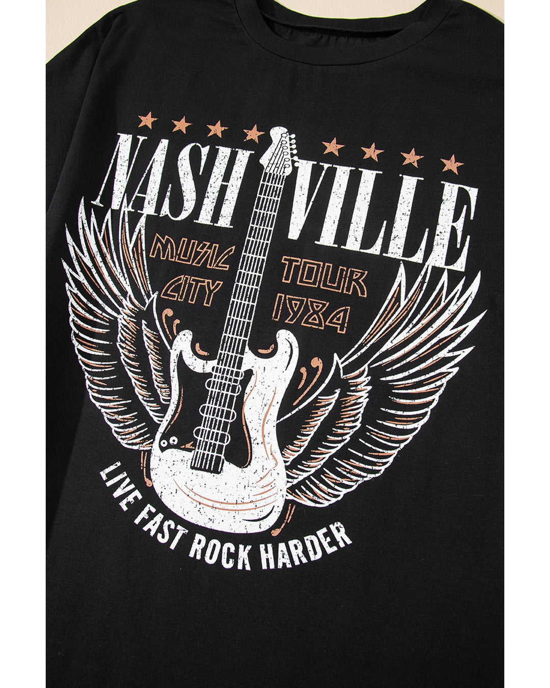 Black Nashville Guitar Print Crew Neck T Shirt Mini Dress - S