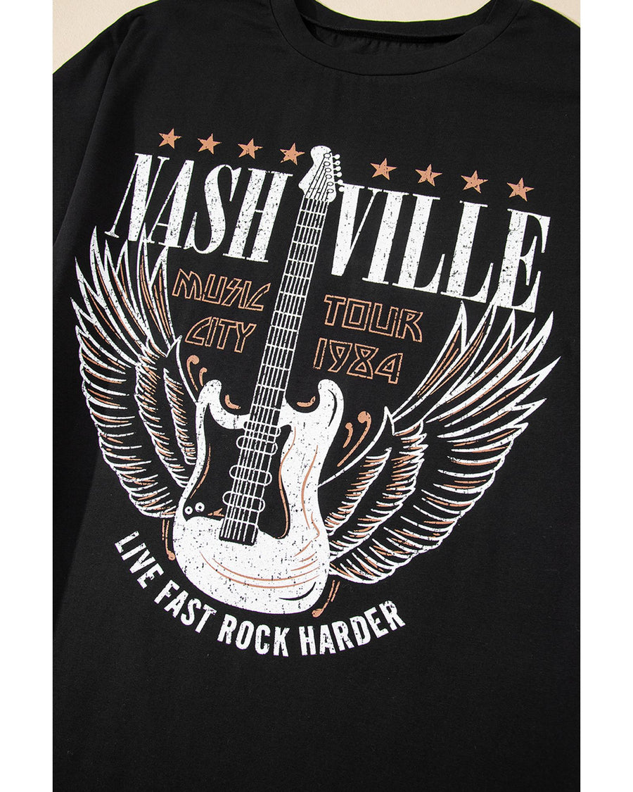 Black Nashville Guitar Print Crew Neck T Shirt Mini Dress - S