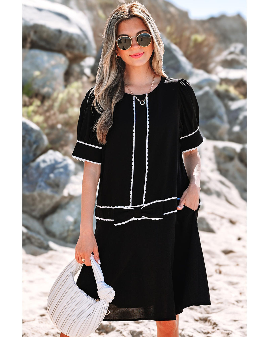 Black Contrast Scallop Trim Bow Detail Half Sleeve Shift Dress - S