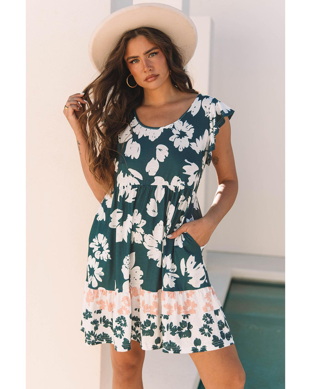 Floral Print Ruffle Sleeve Empire Waist Mini Dress - XL