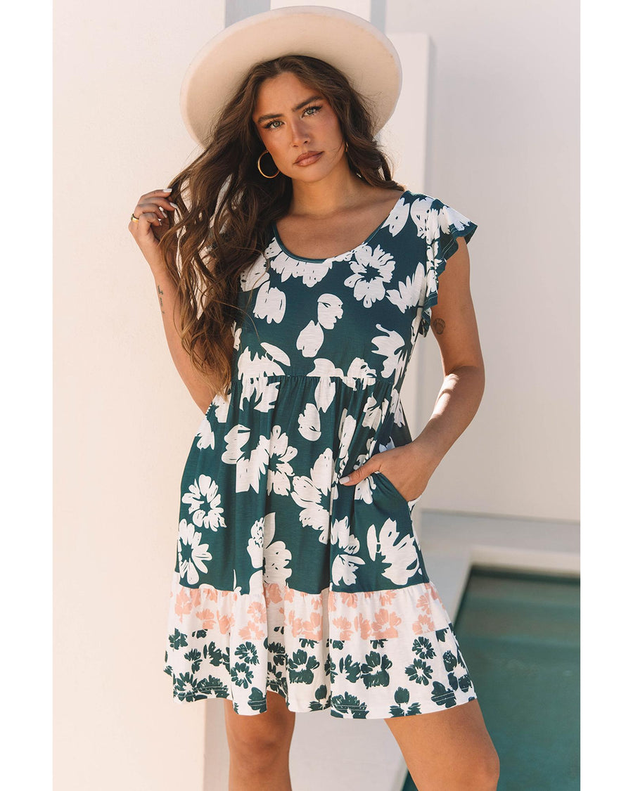 Floral Print Ruffle Sleeve Empire Waist Mini Dress - XL