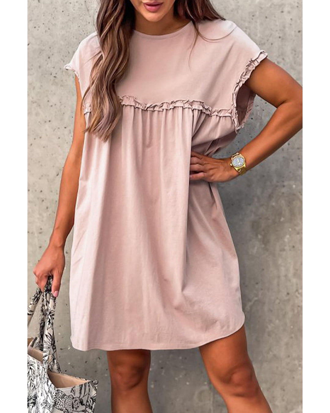 Oatmeal Frilled Trim Crew Neck Loose Fit Mini Dress - L