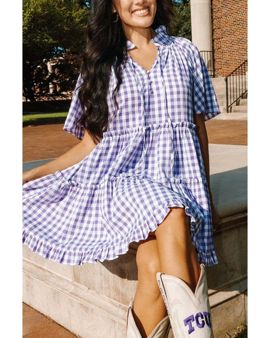 Lavendula Plaid Ruffle Wide Short Sleeve Babydoll Mini Dress - L
