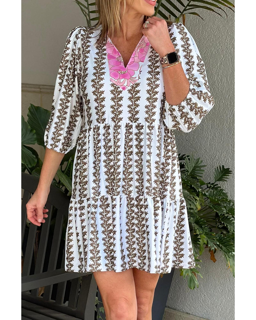 Black Contrast Floral V Neck Printed Bracelet Sleeve Dress - L