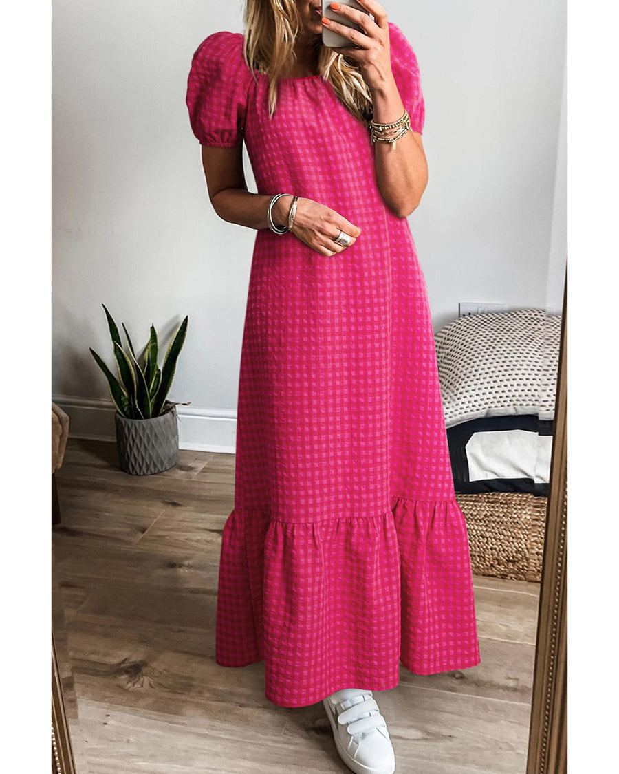 Rose Ginham Check Bubble Sleeve Ruffled Maxi Dress - XL