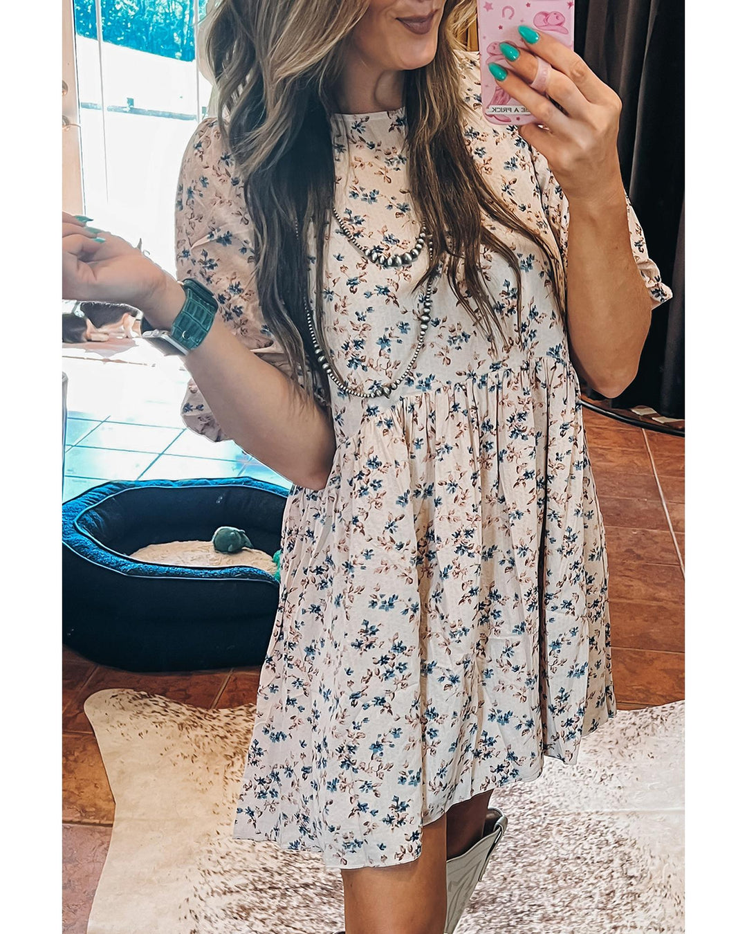 Beige Floral Puff Short Sleeve Empire Waist Mini Dress - XL