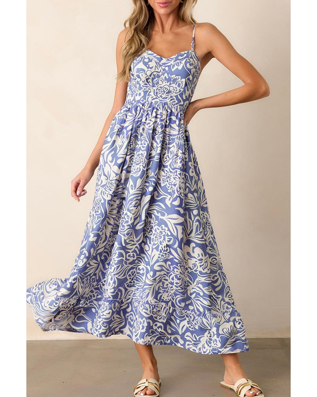 Sky Blue Floral Print Spaghetti Strap High Waist Maxi Dress - XL