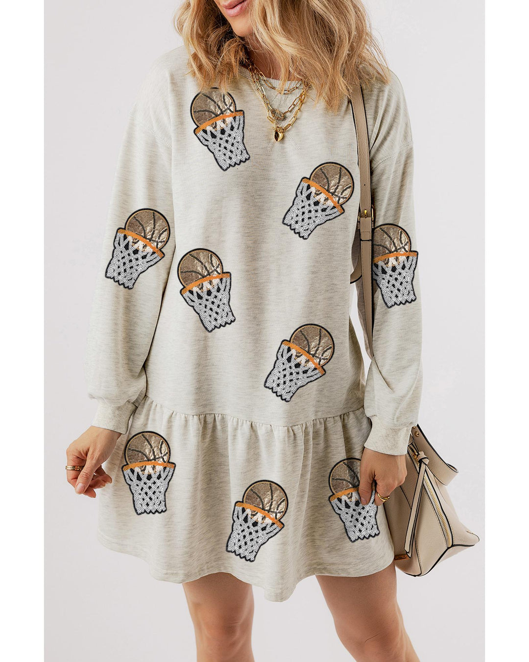 White Sequined Basketball Patched Ruffled Long Sleeve Mini Dress - S