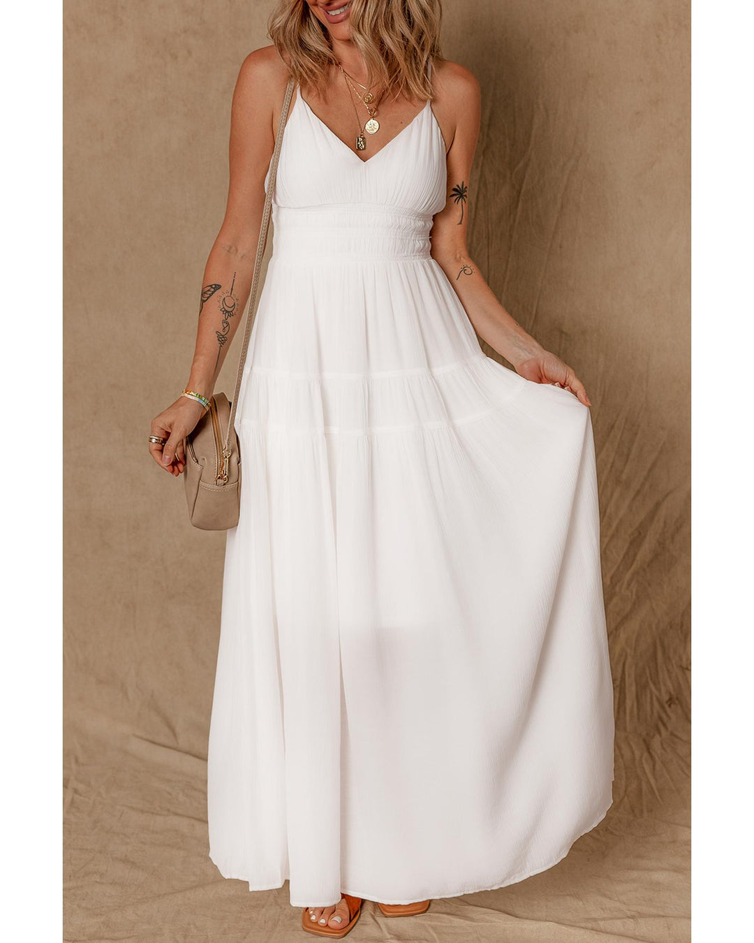 White Spaghetti Straps High Waist Elegant Long Dress - L
