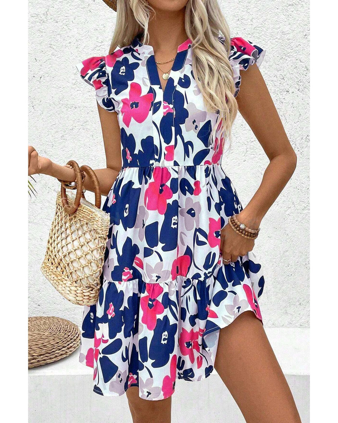 Fashion Floral Print Notched Neck Flutter Sleeve Mini Dress - XL