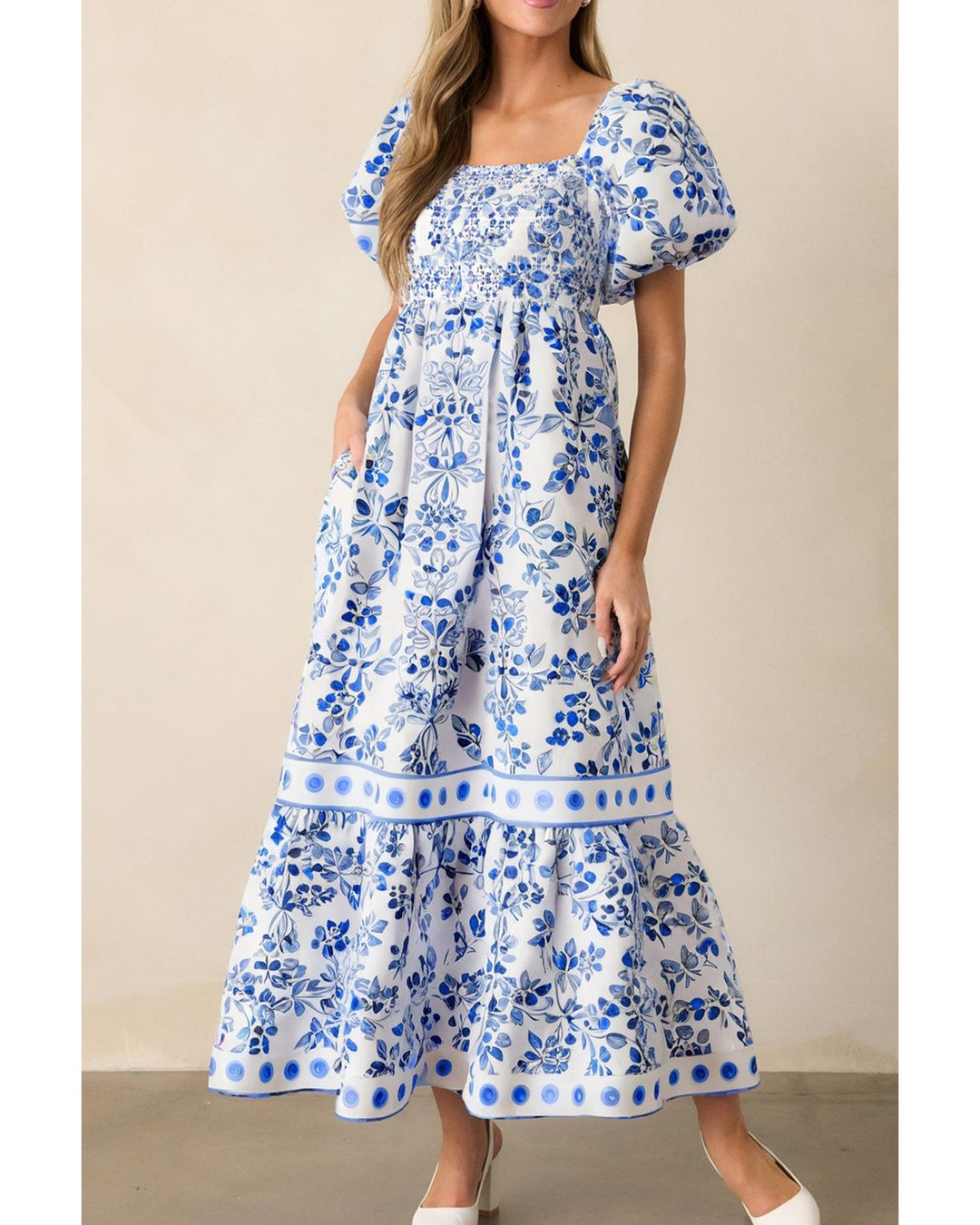 Sky Blue Floral Print Square Neck Bubble Sleeve High Waist Maxi Dress - M