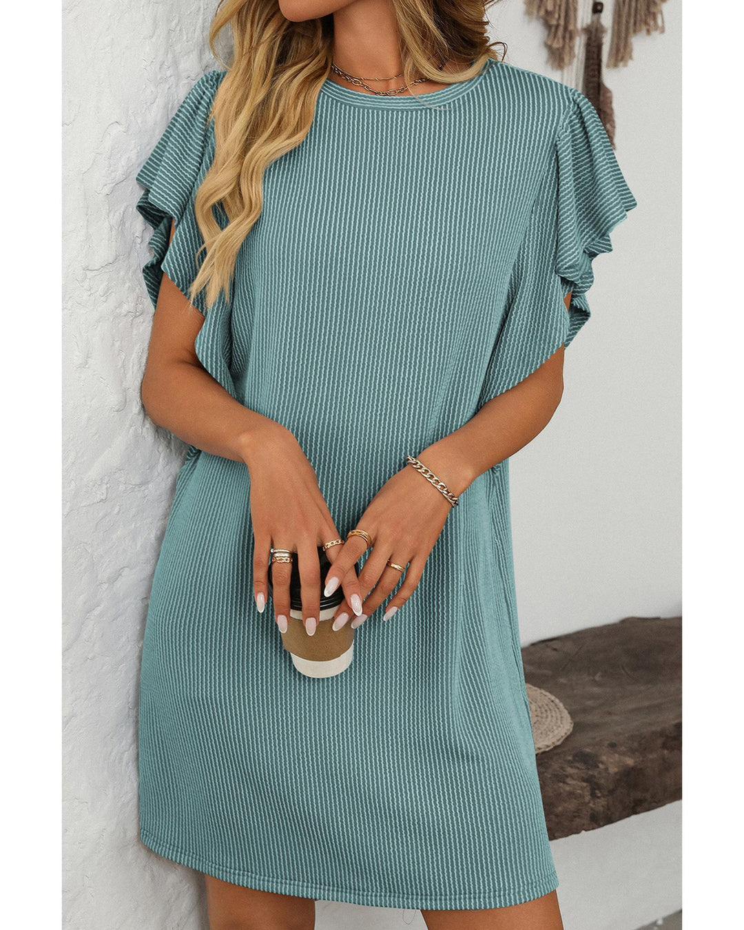 Canton Corded Ruffle Sleeve Crew Neck Shift Dress - S