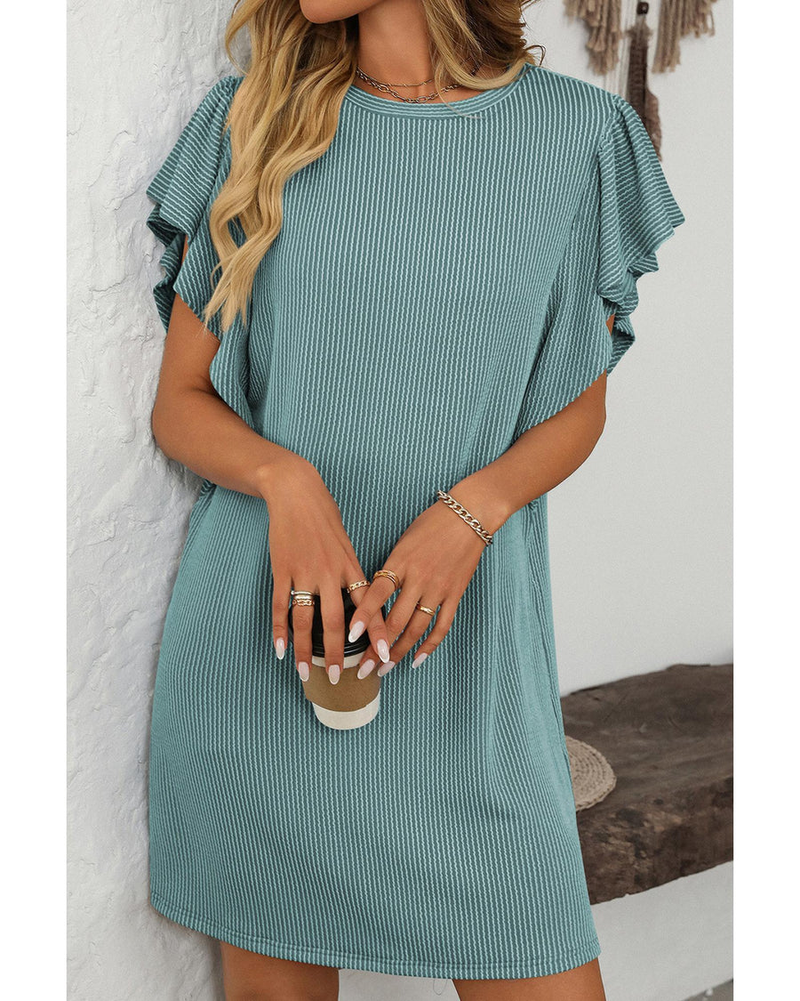 Canton Corded Ruffle Sleeve Crew Neck Shift Dress - S